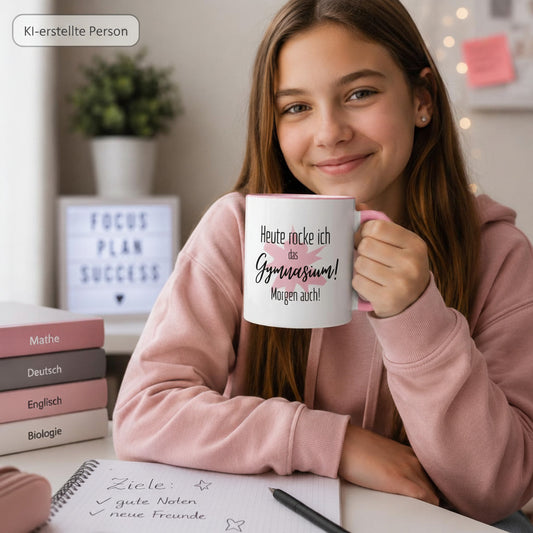 Motivation fürs Gymnasium | Lustige rosa Tasse | Heute rocke ich das Gymnasium! Morgen auch! | Geschenk… – Ansicht 2