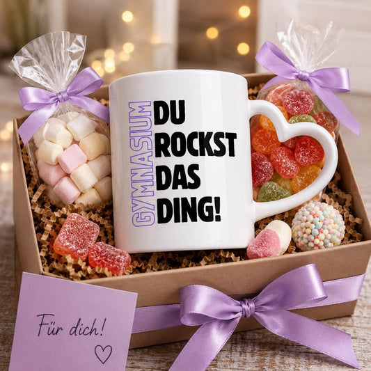 Geschenk zum Start ins Gymnasium mit Motivation für jeden Tag. Keramiktasse mit herzförmigem Henkel… – Ansicht 2