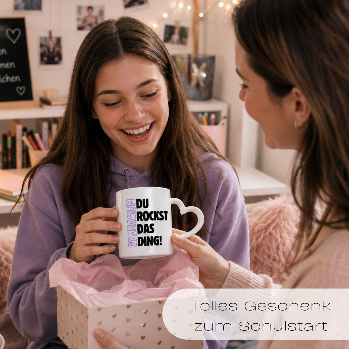 Geschenk zum Start ins Gymnasium mit Motivation für jeden Tag. Keramiktasse mit herzförmigem Henkel… – Ansicht 4