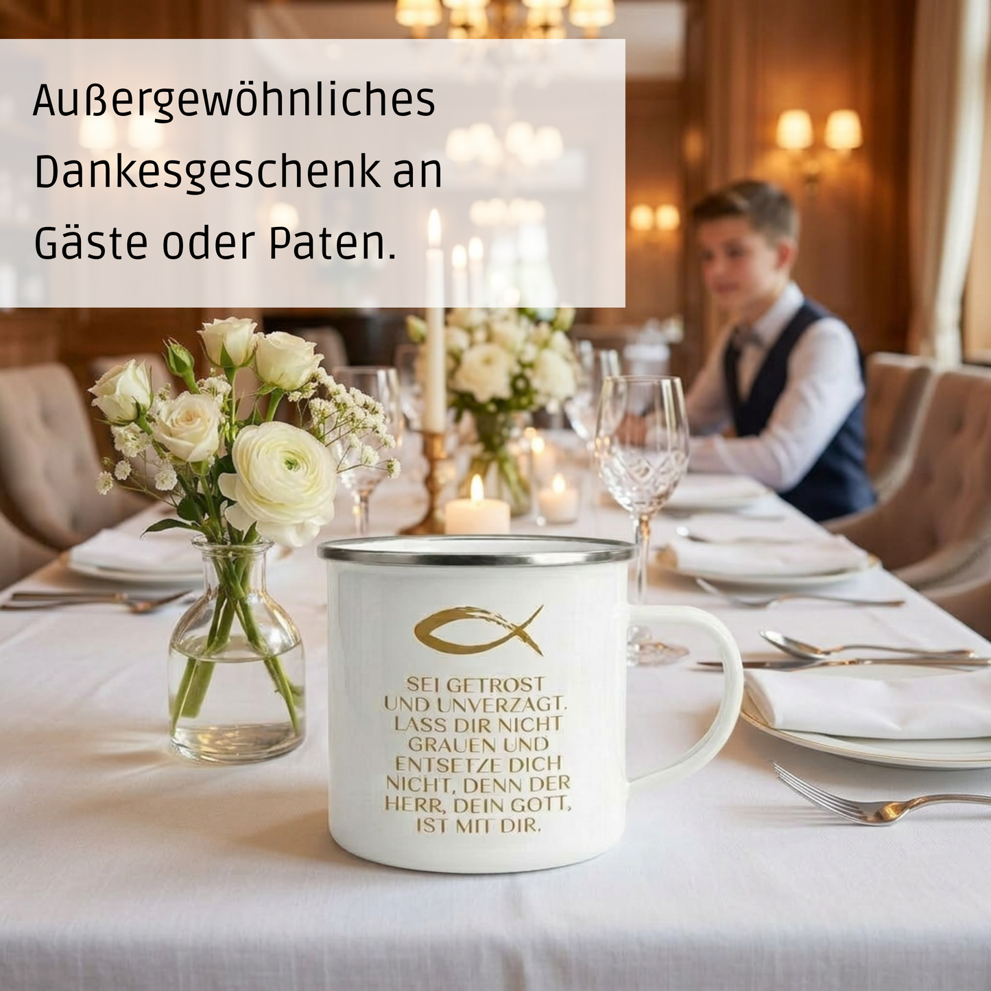 Emaille Becher: Sei getrost und unverzagt