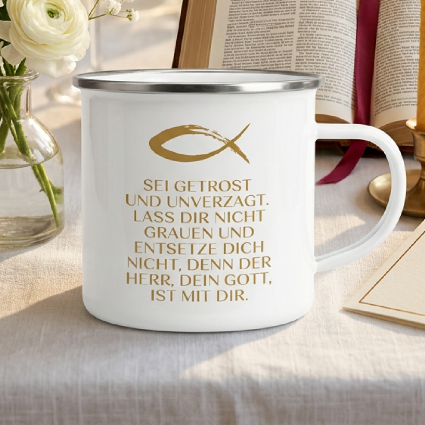 Emaille Becher: Sei getrost und unverzagt