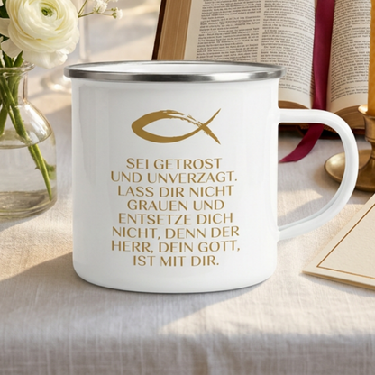 Emaille Becher: Sei getrost und unverzagt