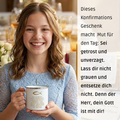 Emaille Becher: Sei getrost und unverzagt