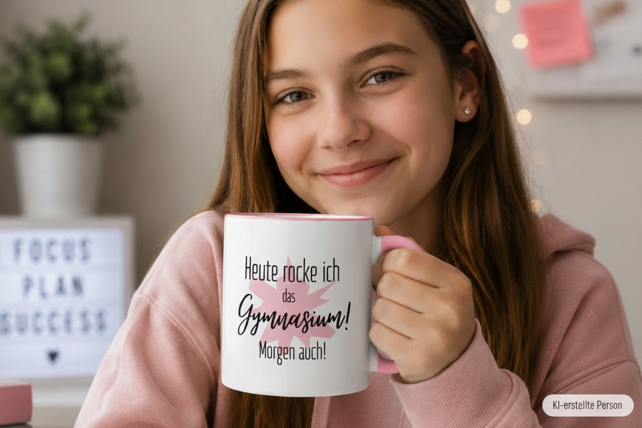 Mädchen hält eine Tasse ins Bild, auf der steht "Heute rocke ich das Gymnasium! Morgen auch!"