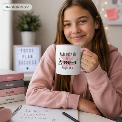 Motivation fürs Gymnasium | Lustige rosa Tasse | Heute rocke ich das Gymnasium! Morgen auch! | Geschenk… – Ansicht 2