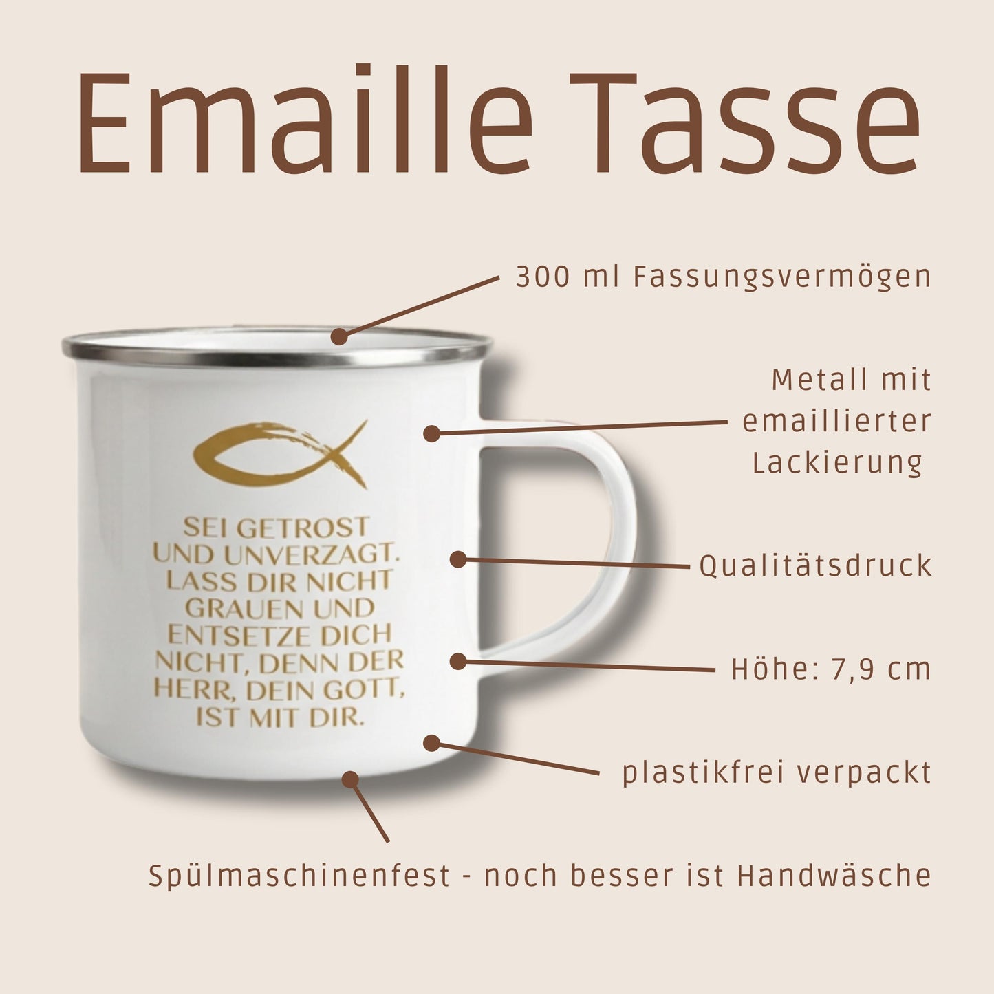 Emaillie Becher Geschenk zur Konfirmation Kommunion. Bibelspruch Josua 1,9 Sei getrost und unverzagt… – Ansicht 2