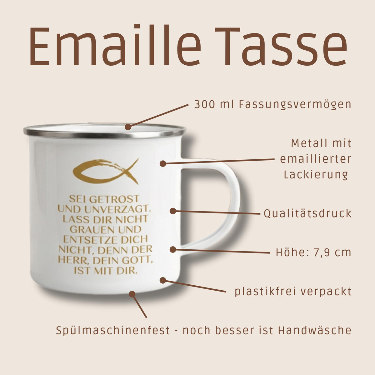 Emaillie Becher Geschenk zur Konfirmation Kommunion. Bibelspruch Josua 1,9 Sei getrost und unverzagt… – Ansicht 2