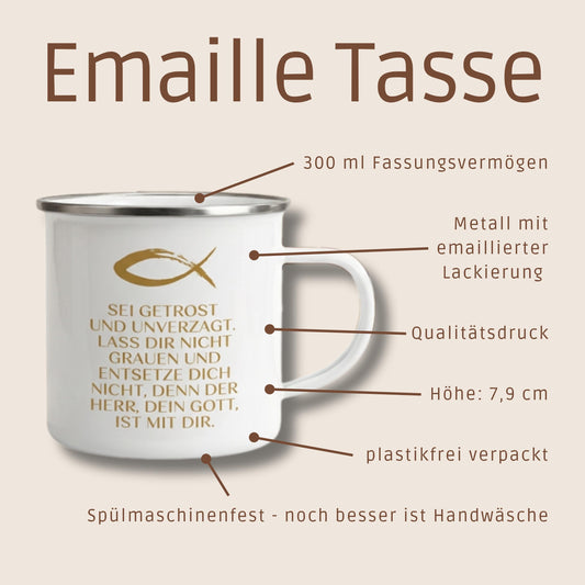 Emaillie Becher Geschenk zur Konfirmation Kommunion. Bibelspruch Josua 1,9 Sei getrost und unverzagt… – Ansicht 2
