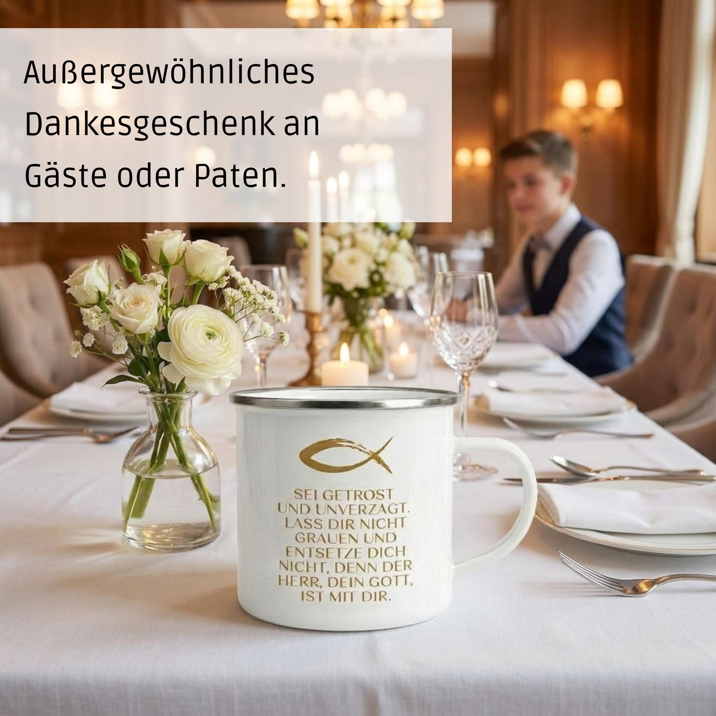 Emaillie Becher Geschenk zur Konfirmation Kommunion. Bibelspruch Josua 1,9 Sei getrost und unverzagt… – Ansicht 5
