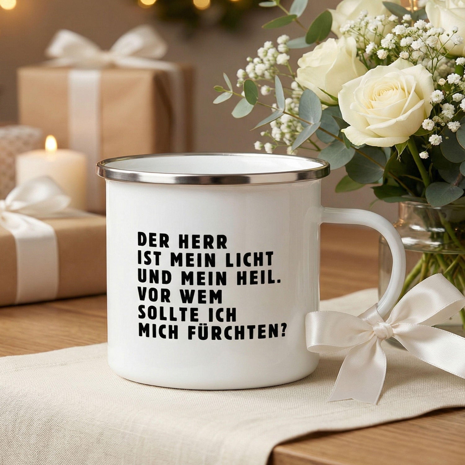 Emaille Becher als Geschenk zur Konfirmation: Psalm 27, Der Herr ist mein Licht, Kommunionsgeschenk, das Mut macht