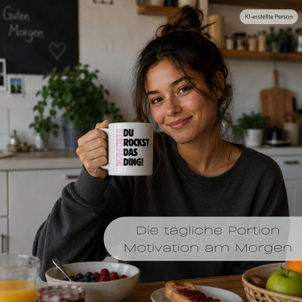 Geschenk zum Start in die Realschule mit Motivation für jeden Tag. Keramiktasse mit herzförmigem Henkel… – Ansicht 6