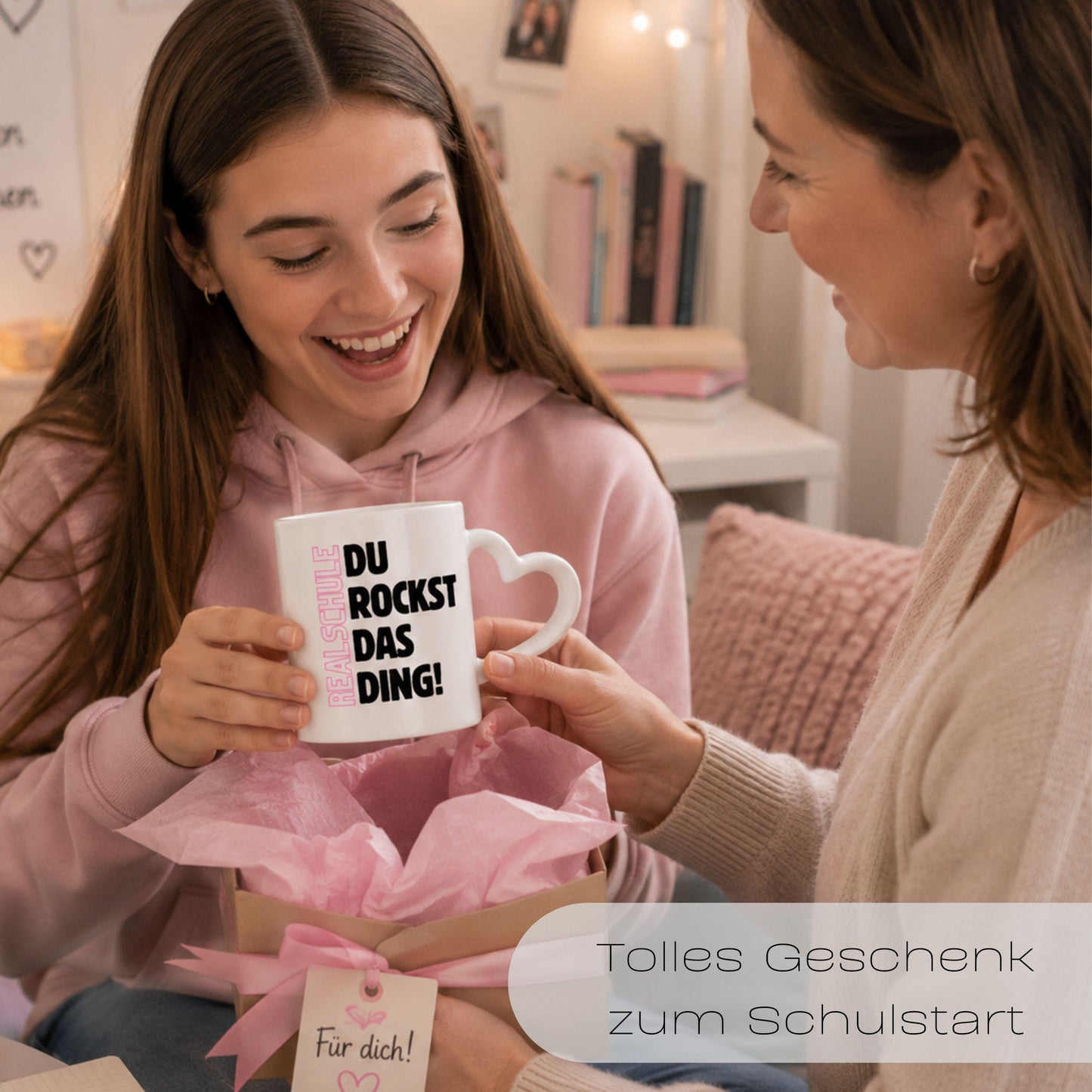 Geschenk zum Start in die Realschule mit Motivation für jeden Tag. Keramiktasse mit herzförmigem Henkel… – Ansicht 4