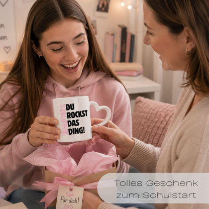 Geschenk zum Start in die Realschule mit Motivation für jeden Tag. Keramiktasse mit herzförmigem Henkel… – Ansicht 4