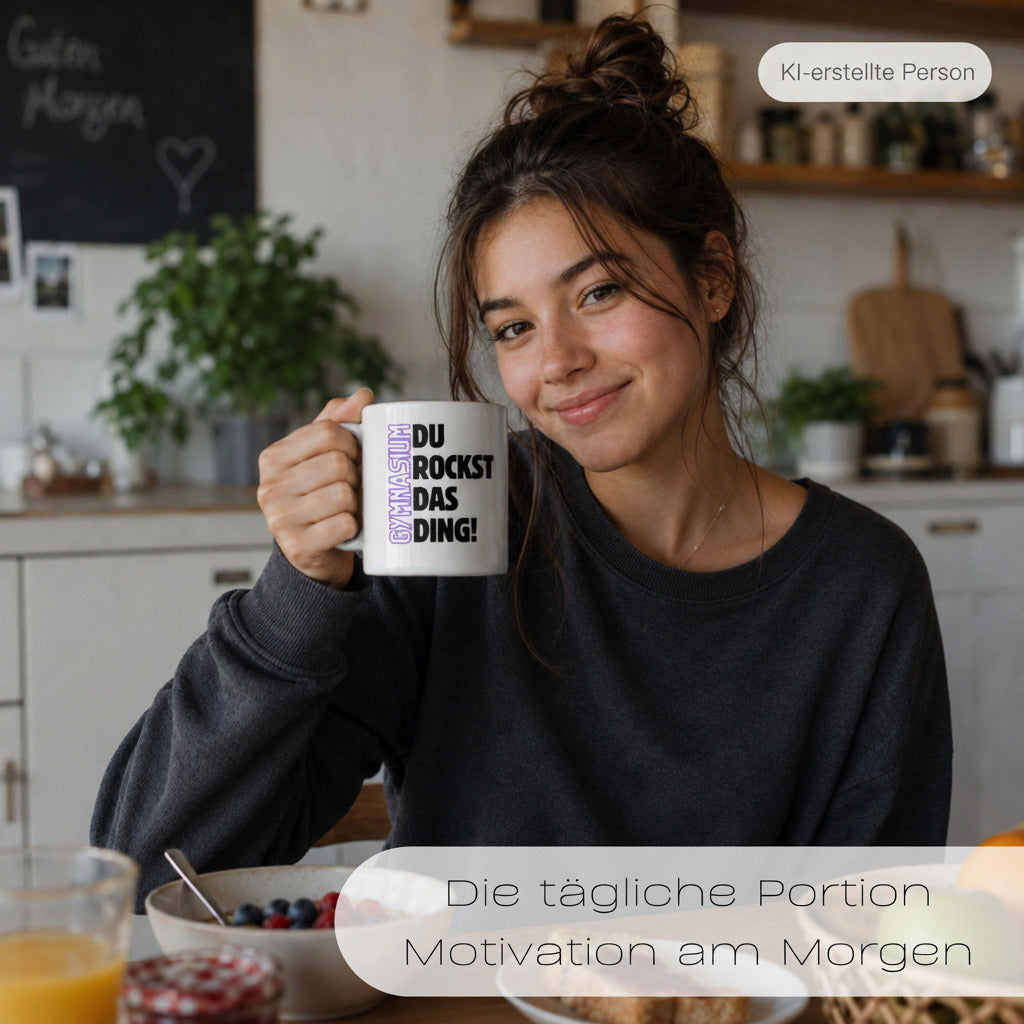 Geschenk zum Start ins Gymnasium mit Motivation für jeden Tag. Keramiktasse mit herzförmigem Henkel… – Ansicht 7