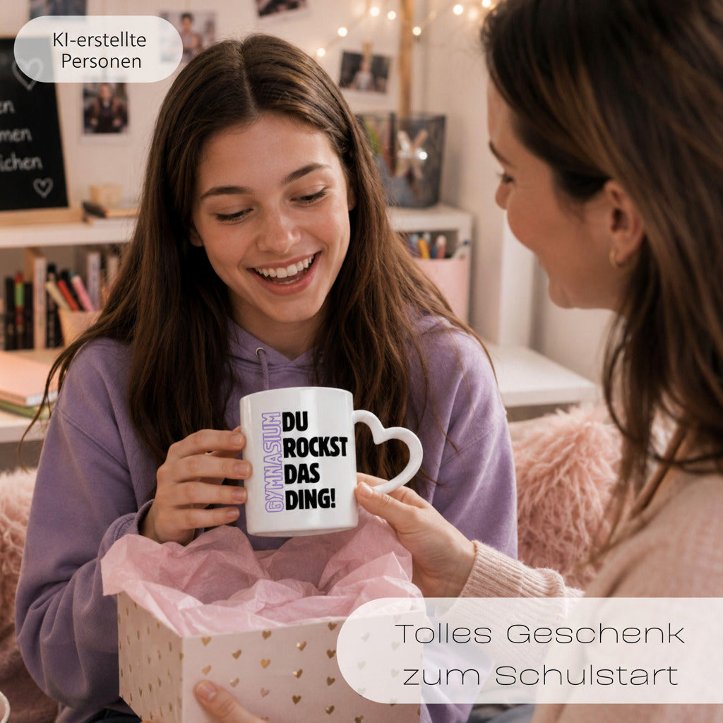 Geschenk zum Start ins Gymnasium mit Motivation für jeden Tag. Keramiktasse mit herzförmigem Henkel… – Ansicht 4