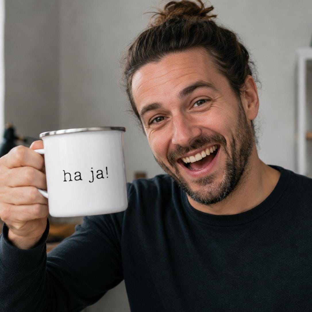 Minimalistisch entspannte schwäbische Statement Tasse „Ha ja!“