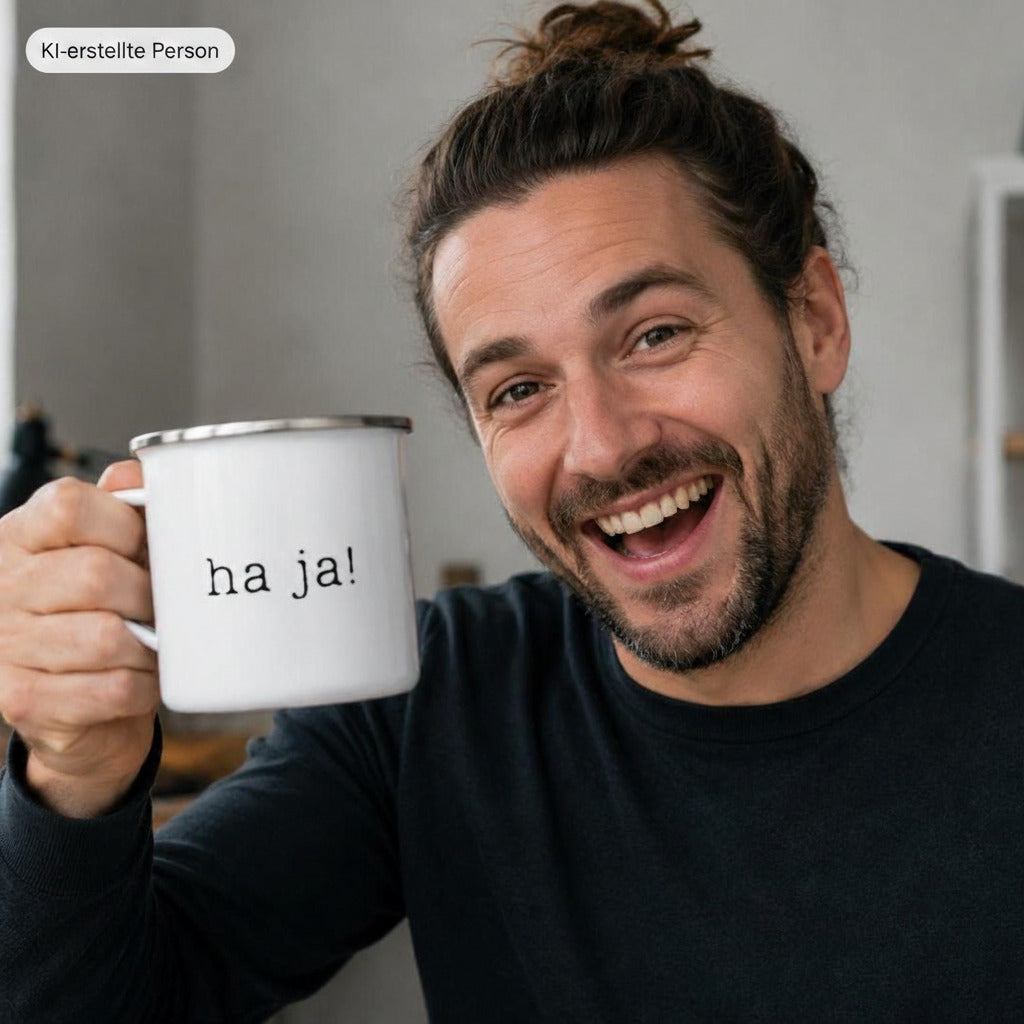 Minimalistisch entspannte schwäbische Statement Tasse „Ha ja!“