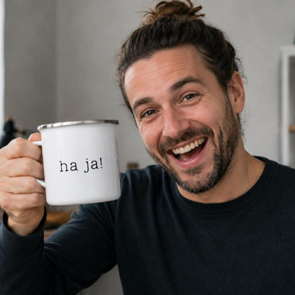 Minimalistisch entspannte schwäbische Statement Tasse „Ha ja!“