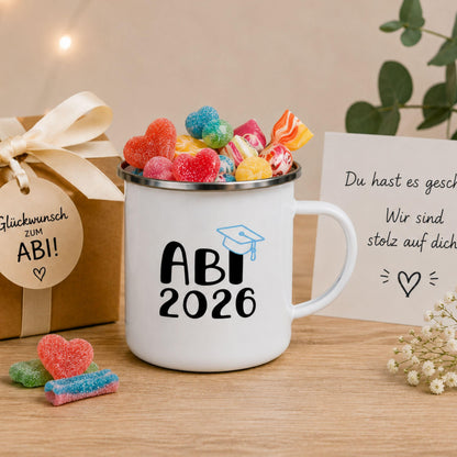 Emaille Tasse Abi 2026 Nachhaltiges Abiturgeschenk, befüllbar mit Süßigkeiten oder Geld – Ansicht 3
