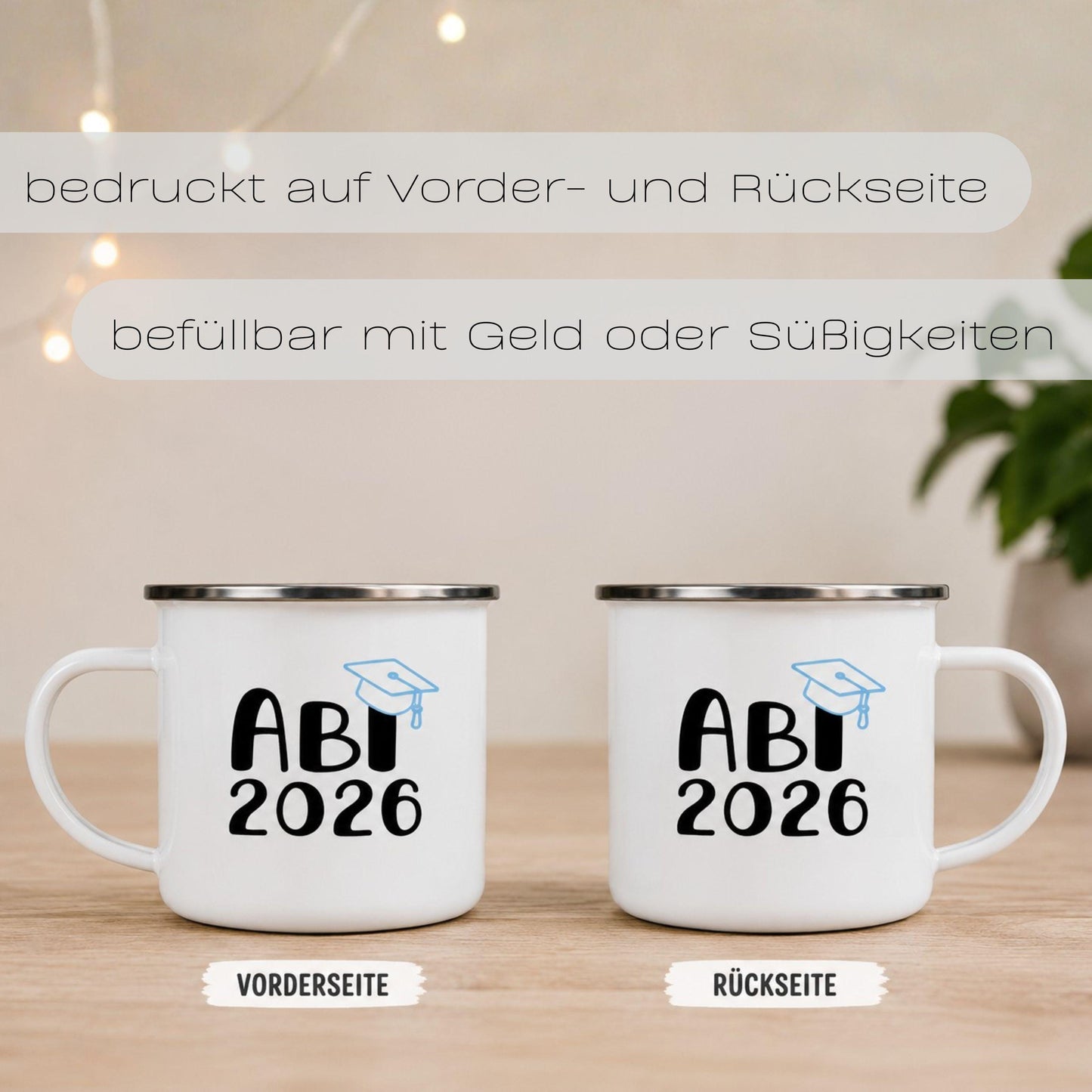 Emaille Tasse Abi 2026 Nachhaltiges Abiturgeschenk, befüllbar mit Süßigkeiten oder Geld – Ansicht 5