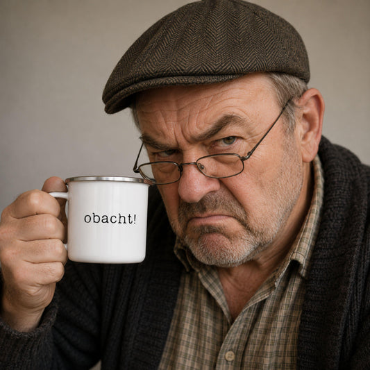 Die ultimative Schwabentasse fürs Büro: „Obacht!“, minimalistisch, aber nicht zu übersehen. Lustiges Geschenk für Schwaben
