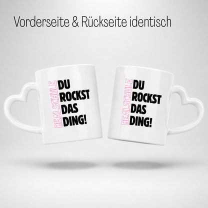Geschenk zum Start in die Realschule mit Motivation für jeden Tag. Keramiktasse mit herzförmigem Henkel… – Ansicht 3