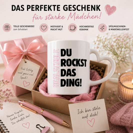 Geschenk zum Start in die Realschule mit Motivation für jeden Tag. Keramiktasse mit herzförmigem Henkel… – Ansicht 2