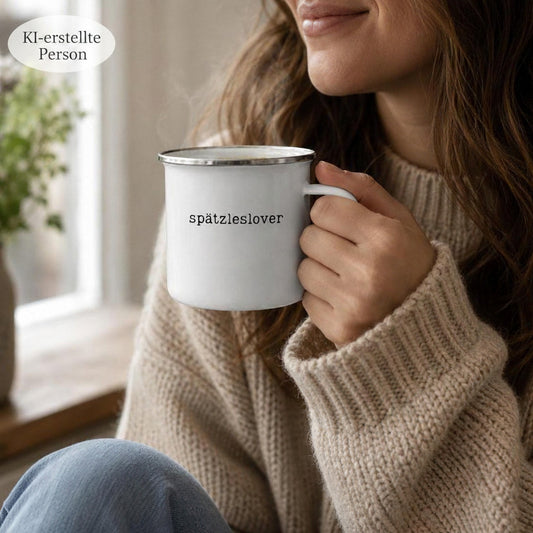 Spätzleslover Emaille Tasse für echte Fans. Eine kompromisslose Ansage für echte Schwaben oder gut assimilierte Zuzogne.