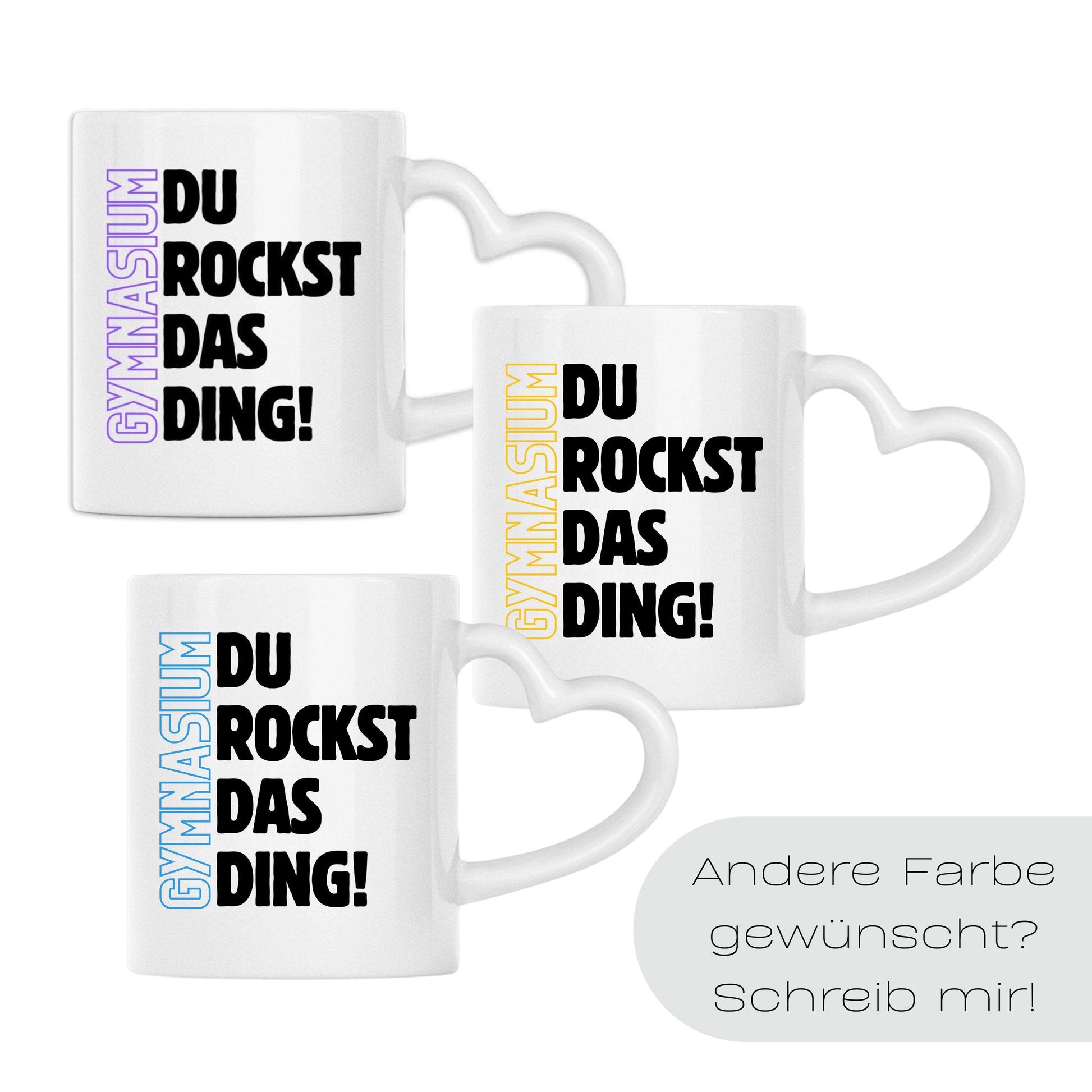 Geschenk zum Start ins Gymnasium mit Motivation für jeden Tag. Keramiktasse mit herzförmigem Henkel… – Ansicht 3